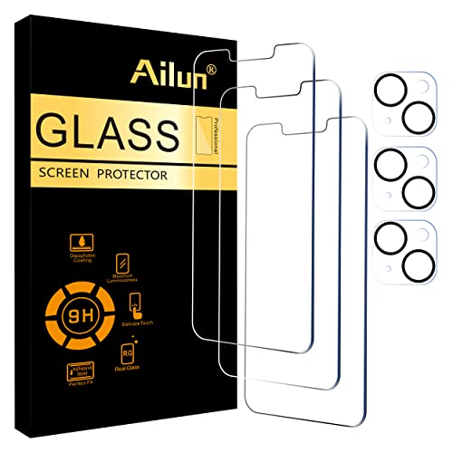 Ailun 3 Pack Screen Protector for iPhone 14 [6.1 inch] + 3 Pack Camera Lens Protector,Case Friendly Tempered Glass Film,[9H Hardness] - HD