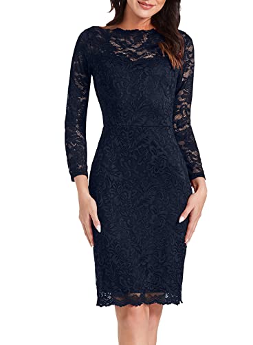MSLG Cocktail Dresses for Womens Wedding Guest Elegant Floral Lace Business Bateau Neck Long Sleeves Bodycon Pencil Dress 906 (L, Navy Blue)