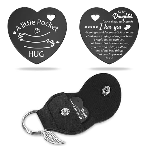 Lasimfa Pocket Hug To My Daughter Black Stainless Steel Double-Sided Heart Shaped Token with Leather Bag Birthday Christmas Gift for Daughters from Parents Family