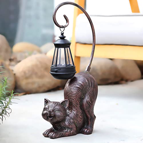 Hapyard Laughing Cat Figurine with Solar-Powered LED Light, 15.7 Inches Tall Antique Bronze, Perfect for Gift Garden Decor or Housewarming for Cat Lovers.
