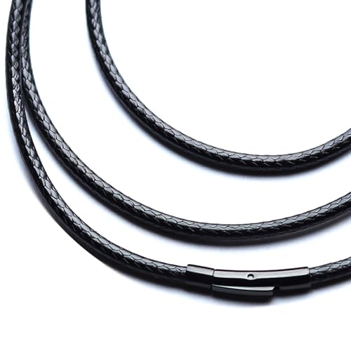 IOYYIO Flexible Waterproof Braided Leather Necklace Cord, 2MM/3MM 16' 18' 20' 22' 24' 26' 28' 30' 32 Inch Black/Brown Rope Chain Necklace For Men Women Kids (Gift Box)