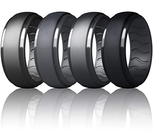 Dookeh Breathable Mens Silicone Wedding Rings, Rubber Ring Bands For Men, Black Blue Camo Engagement Band, Best for Workout, 1-4-7 Pack (W3-Titanium,Dark Gray,Cast Iron,Black, 10)