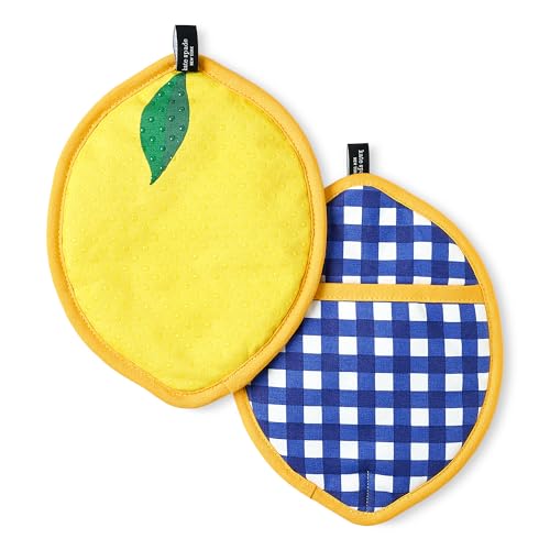 KATE SPADE NEW YORK Lemon Party and Spring Gingham Pot Holder 2-Pack Set, Heat Resistant, 100% Cotton, Navy Blue/Yellow, 7'x10'