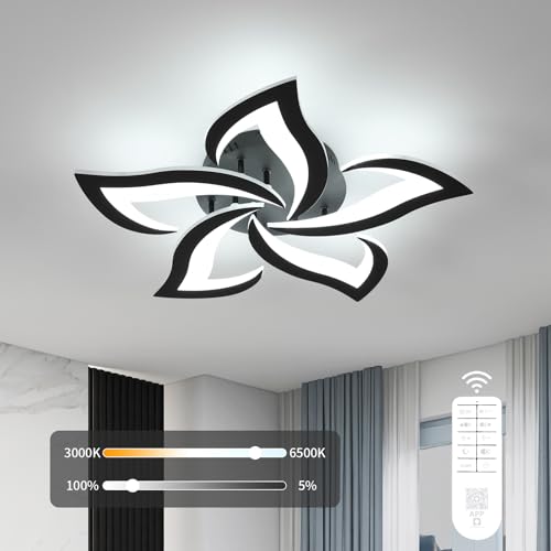Goeco Modern Ceiling Light, Dimmable Black 5-Petals Flower Flush Mount Ceiling Light with Remote Control, 3000K-6500K LED Ceiling Light for Living Room, Kitchen, Dining Room, Bedroom