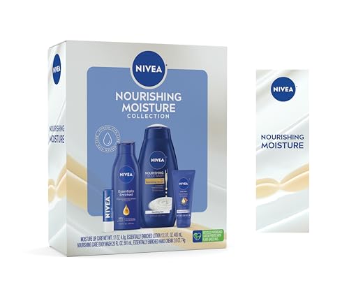 NIVEA Skin Care Set For Her, Nourishing Body Wash, Moisturizing Body Lotion, Lip Balm Stick with Shea Butter, & Multi Purpose Face, Body & Foot Cream, 4 Piece Gift Set