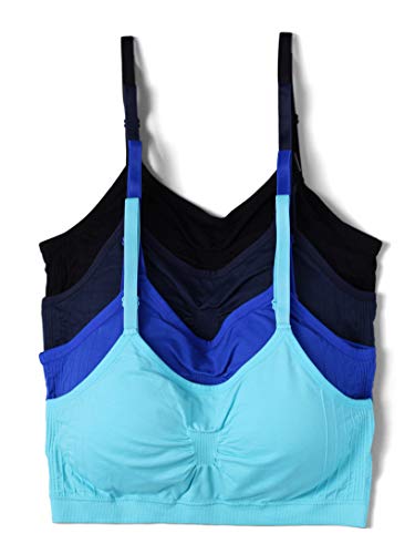 Kalon 4 Pack Nylon Spandex Removable Pads Comfort Bras Ext Sizes (M/L, Blk/Blues)