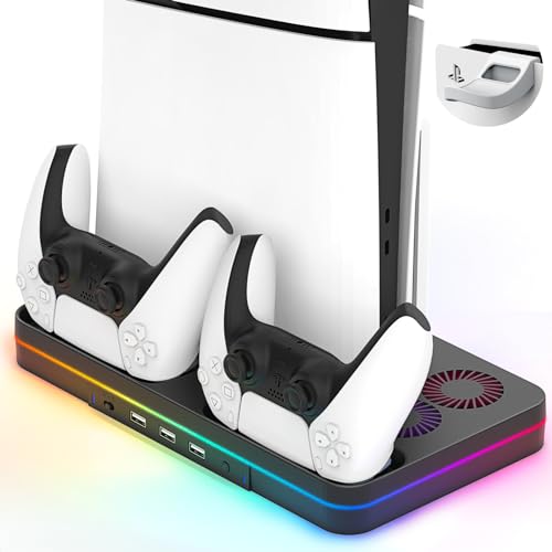 Ps5 Slim Console Cooling Station,Ps5 Slim(Disc & Digital Editions) Stand Accessories with 2 Cooling Fan&2 Controller Charging Station,Playstation 5 Cooling Stand with RGB Light,Headset Holder,3 USB