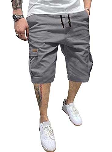 JMIERR Mens Casual Twill Cargo Shorts Cotton Drawstring Classic Cargo Stretch Short with 6 Pockets for Men, US36(L), A Gray
