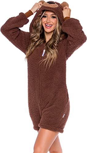 Funziez! Short Sherpa Bear Adult Onesie- Teddy Bear Costume- Plush One Cosplay Suit for Adults, Women and Men