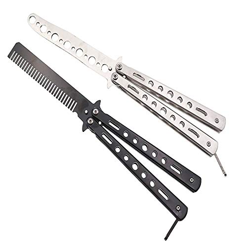 DOUBLE 2 C Butterfly Knife, Practice Balisong Knife Trainer, Metal Steel Folding Comb, Unsharpened Blade for Practicing Flipping Tricks, Csgo Butterfly Knife - 2 Pack