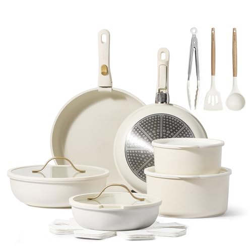 CAROTE 20pcs Pots and Pans Set, Nonstick Cookware Set Detachable Handle, Kitchen Cookware Sets with Removable Handle, RV Cookware Set, Oven Safe