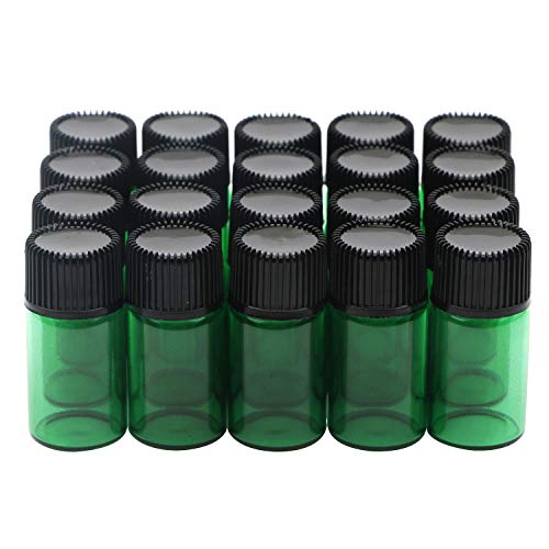 Kesell 3ml Refillable Empty Essential Oil Glass Bottle, Green Color Glass Vials Bottles with Black Cap and Orifice Reducer, Pack of 20