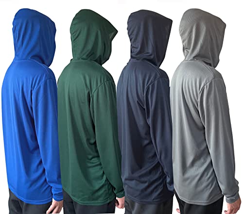 Men UPF 50+ Sun Protection Breathable T Shirt Long Sleeve Workout T-Shirts with Hood (4Pcs Mix (Blue/Green/Navy/Grey), XL)