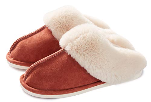 Donpapa Womens Slipper Memory Foam Fluffy Soft Warm Slip On House Slippers,Anti-Skid Cozy Plush for Indoor Outdoor Brick Red 6.5-7.5