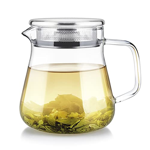 Teabloom One-Touch Tea Maker, 2-in-1 Teapot and Kettle with Stainless Steel Filter Lid for Loose Tea – Stain-free Borosilicate Glass Tea Pot (15 Oz) – Tea Connoisseur's Choice