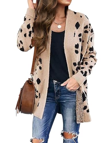 ZESICA Women's 2024 Fall Winter Long Sleeves Open Front Leopard Print Knitted Sweater Cardigan Coat Outwear,A Beige,Large