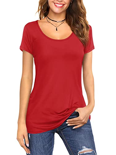 Amoretu Women Scoop Neck Short Sleeve Cotton Shirts for Summer Fashion(Red,XXL)