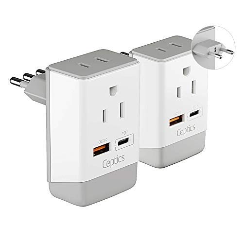 Ceptics Italy, Chile Travel 2 Pack Plug Adapter QC 3.0 & PD, Safe Dual USB & USB-C - 2 USA Socket Compact & Powerful - Use in Rome, Milan, Greece - Type C, Type L - Fast Charging (AP-9C-12-PK)