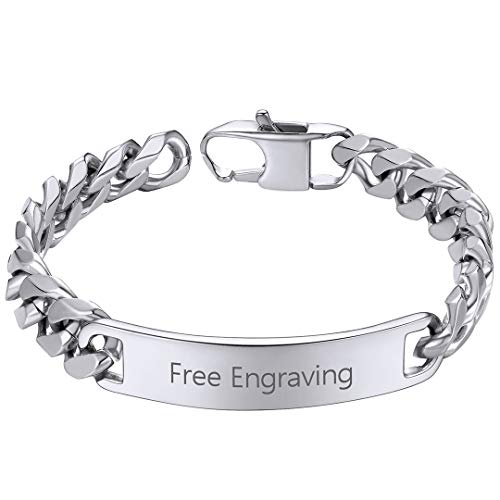 ChainsHouse Personalized ID Bracelets, Valentine's Gift for Lover,Gift for Father Custom Cuban Stainless Steel ID Bracelet 10mm 21cm