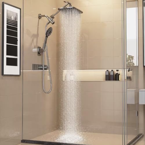 Veken 12 Inch High Pressure Rain Shower Head Combo with Extension Arm- Wide Rainfall Showerhead with 6 Handheld Water Spray - Adjustable Dual Showerhead with Anti-Clog Nozzles - Silver Chrome