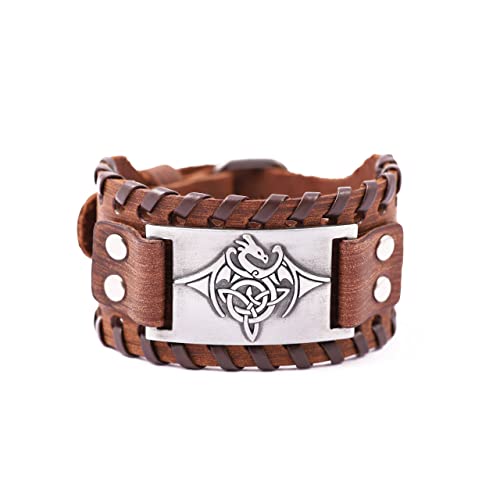 HAQUIL Men's Celtic Bracelet, Celtic Dragon Talisman, Brown Wide Leather Wristband, Celtic Jewelry Gift