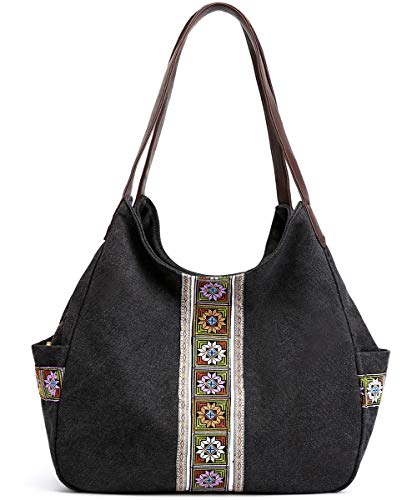 Worldlyda Women Canvas Hobo Purse Multi Pocket Tote Shopper Shoulder Bag Casual Top Handle handbag with Embroidery Ethnic Black