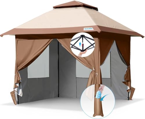 Quictent 13'x13' Pop up Gazebo Canopy Tent with Sidewalls, One Person Setup Easy Outdoor Party Tent Enclosed Waterproof, 169 sqft Shade, Beige/Khaki