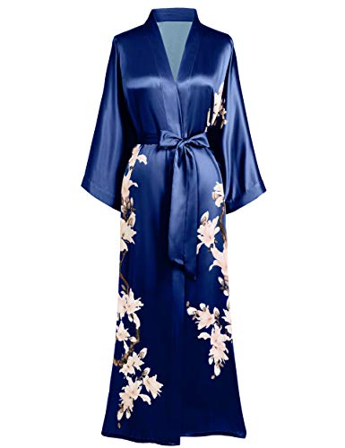 BABEYOND Kimono Robe Cover up Long Floral Satin Sleepwear Silky Bathrobe Bachelorette Robe (Navy Blue)