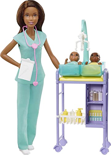 Barbie Baby Doctor Playset with Brunette Doll, 2 Infant Dolls, Exam Table and Accessories, Stethoscope, Chart and Mobile for Ages 3 and Up