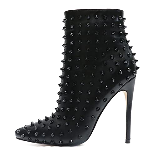 COLETER Women's Fashion Black Ankle Boots with Rivets Closed Pointed Toe Stilettos Autumn Warm Dress Booties Black 8.5 US