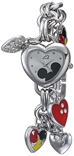 Disney Mickey Mouse Charm Bracelet Watch -Silver-Tone Heart Design Quartz Timepiece for Girls & Women