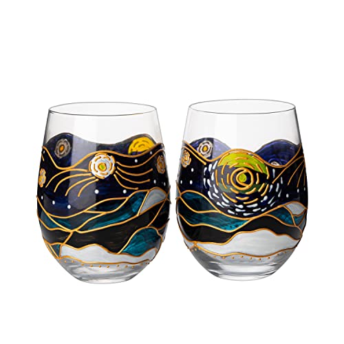 The Wine Savant Vincent Van Gogh Wine Glasses Artisanal Hand Painted Stemless Set of 2 2 Set of Tumblers - Artistic Gift Idea for Her, Him, Birthday, Housewarming - Extra Large Goblets (18.5 OZ)