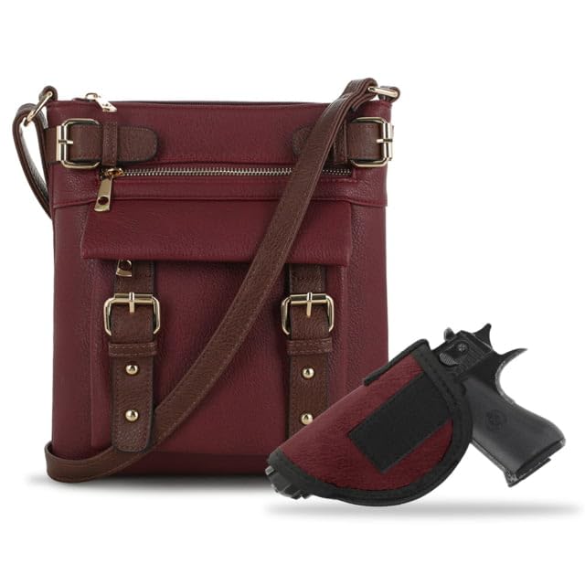 JESSIE & JAMES 2 Toned Belt Concealed Carry Crossbody Bag Shoulder Purses For Women with Lock and Key | Wine