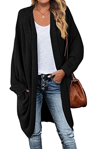 MEROKEETY Women's 2023 Fall Waffle Knit Batwing Long Sleeve Cardigan Loose Open Front Sweater Coat Black