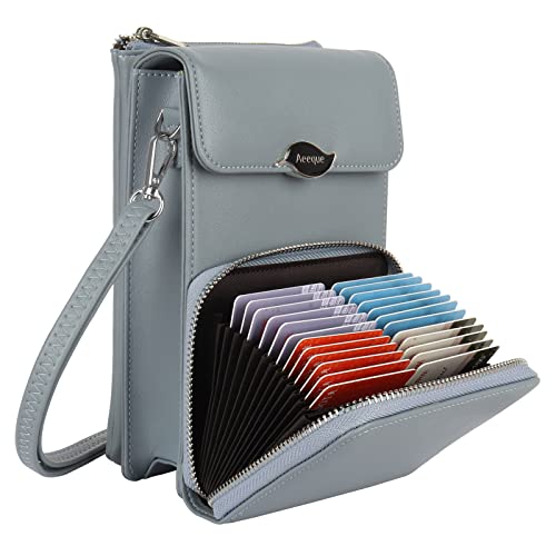 Aeeque Cell Phone Crossbody Bags for Women, PU Leather RFID Blocking Small Cellphone Crossbody Purse 24 Card Slots Clutch Wallet Purses and Handbags for iPhone 13 Pro Max/Redmi Note 10 Pro, Grey Blue