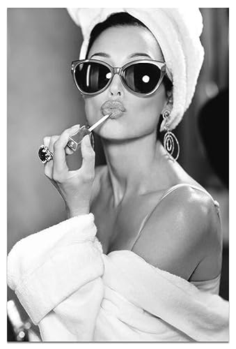 Kreezi Audrey Hepburn Wall Art, Black and White Canvas Prints, Modern Bedroom Bathroom Artwork for Glam Wall Art Decor, Funny Artwork Room Decor for Teen Girls (Fashion Women, Unframed 16x24 in)