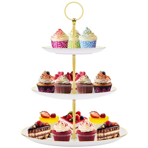 PinCute Cupcake Stand Holder - 3 Tier Cup Cake Dessert Tower, Plastic Tiered Serving Tray&Metal Rod for Birthday Party, Baby Shower and More