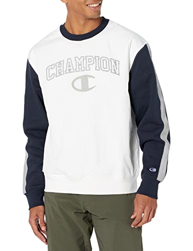 Champion Fleece Crewneck Woven Pullover, Men’s Logo Sweatshirt, White/Navy/Dull Grey, X-Large