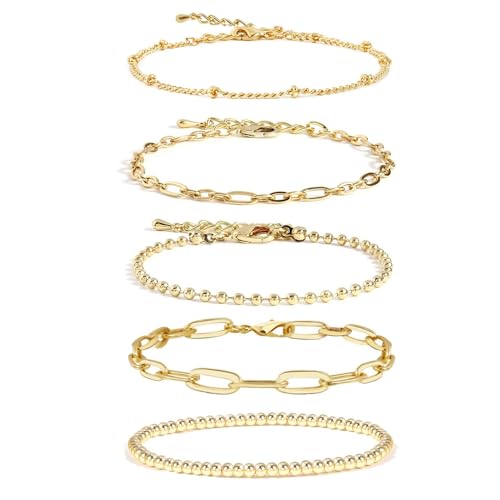 CONRAN KREMIX Gold Bracelet for Women Girls,Stake Layered Link Bracelet Set,14K Real Gold Jewelry,Dainty Paperclip Chain Bracelets,Fashion Jewelry For Women