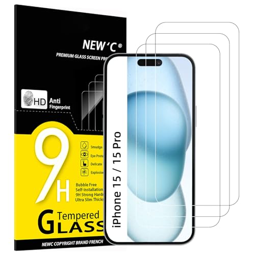 NEW'C [3 Pack Designed for iPhone 15/15 Pro (6.1 Inch) Screen Protector Tempered Glass,Case Friendly Ultra Resistant