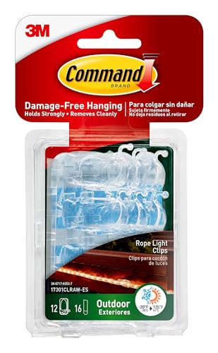 Command Outdoor Rope Light Clips, Damage Free Hanging Outdoor Clips with Adhesive Strips, Wall Clips for Hanging Outdoor Christmas Decorations, Lights and Cables, 12 Clear Clips and 16 Command Strips