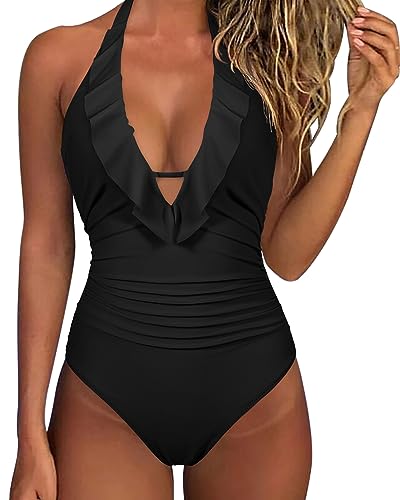 SUUKSESS Women Sexy Halter One Piece Swimsuits Ruffle V Neck Tummy Control Bathing Suits (Black, L)