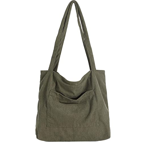 WantGor Women Corduroy Tote Bag, Large Shoulder Hobo Bags Casual Handbags Big Capacity Shopping Work Bag (Army Green)