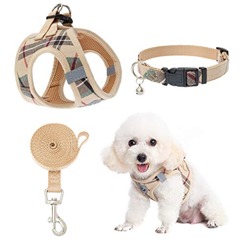 EXPAWLORER Classic Plaid Puppy Harness - Small Dog Collar and Leash - Soft Mesh Padded Adjustable Dog Vest Harness No Pull, Reflective Escape Proof for Outdoor Walking, Khaki Small