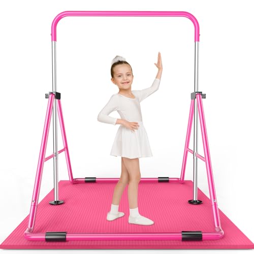 Safly Fun Expandable Gymnastics Bars Junior Training Bar Gymnastic Folding Horizontal Bars with Mat for Kids(Pink+Mat)