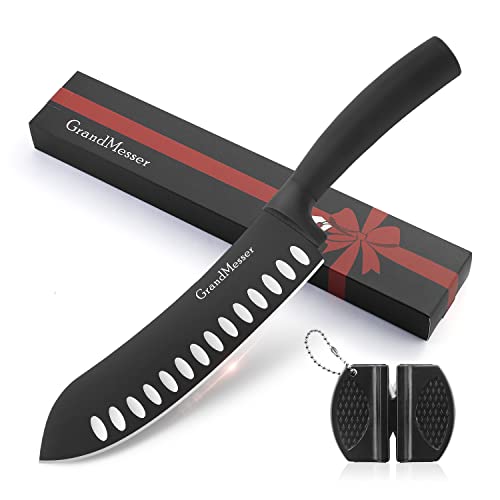 GrandMesser Butcher Breaking Knife, 7 inch Bullnose Knife, Black Titanium Nitride Coated, High Carbon German Stainless Steel Meat Knife, Ergonomic Non-slip Handle, Gift Box, Knife Sharpener