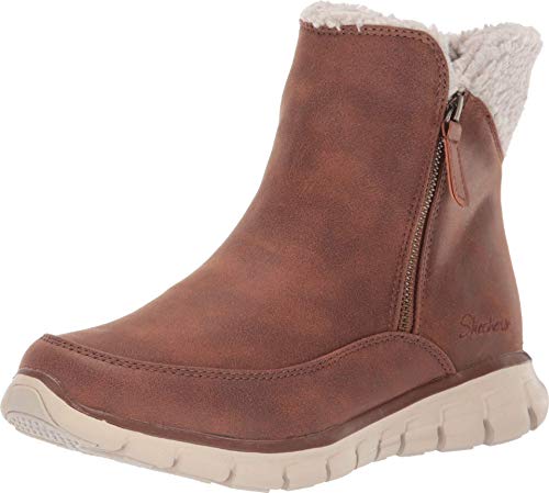 Skechers Women's Synergy-Short Quarter Zipper Boot with Sherpa Trim Snow, Chestnut, 8 M US