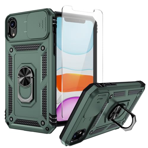 for iPhone XR Case,Slide Camera Cover HD Screen Protector Military Grade Non-Slip Shockproof Kickstand Protective Case (Pine Green)