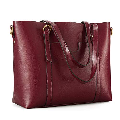 Kattee Genuine Leather Women Tote Bag Soft Handbags Vintage Shoulder Purses Fashion Top Handle Bag Large Capacity (Wine Red)