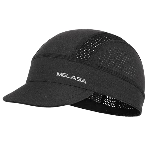 MELASA Cycling Cap, Cooling Skull Cap Helmet Liner with Sun Visor, Sun Protection Running Beanie Bike Cap for Men Women Under Helmet(Black)